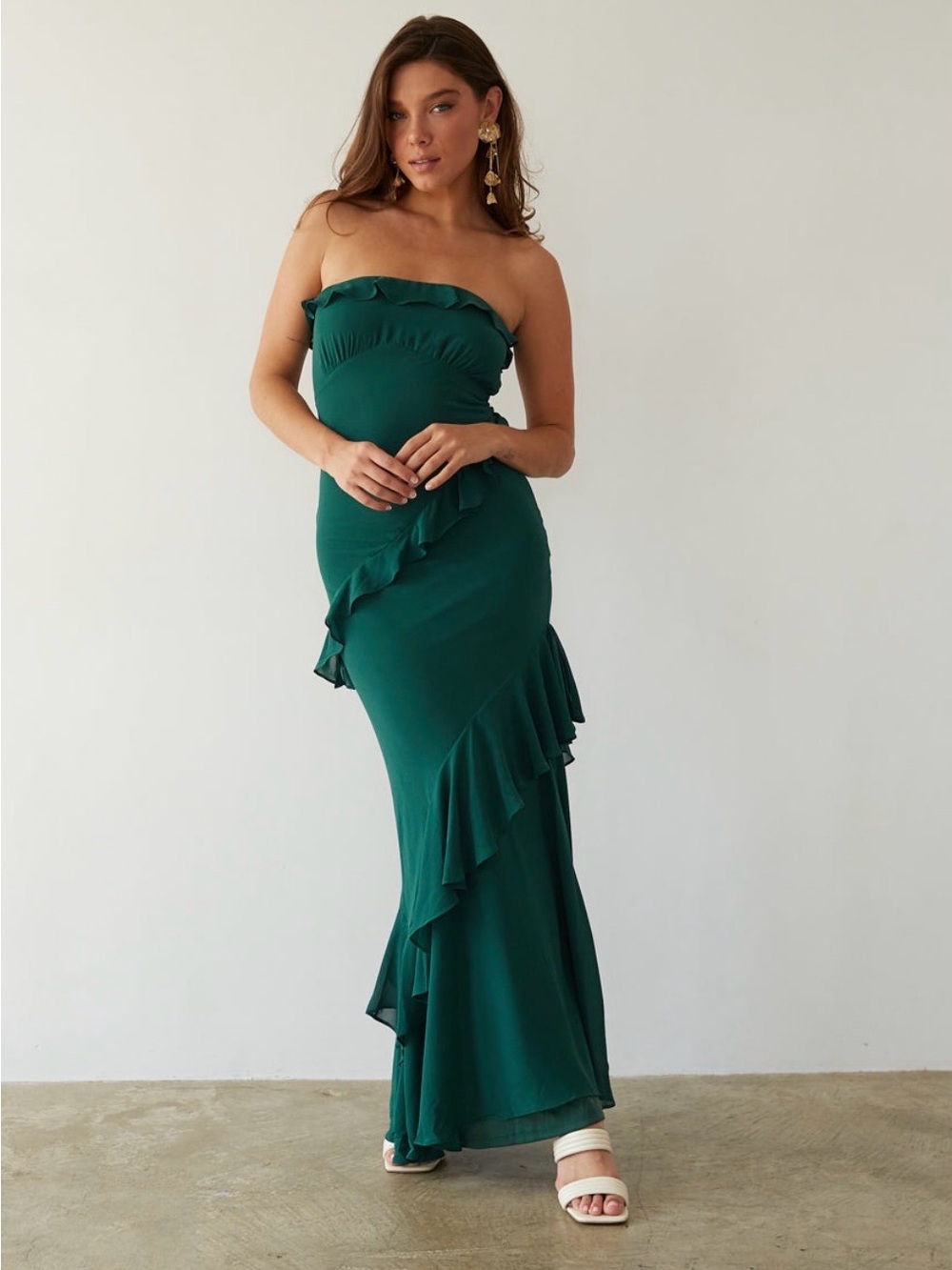 American Threads Strapless Teal Ruffle Gown